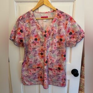 Betsey Johnson Pink and Purple Floral Blouse With Kitty Print
